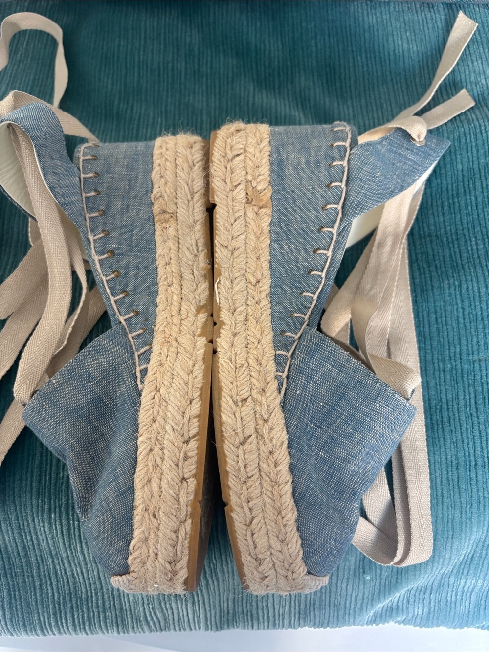 Ralph Lauren Chambray Blue Canvas Espadrille Wedges with Cream Ties - Picture 2 of 5